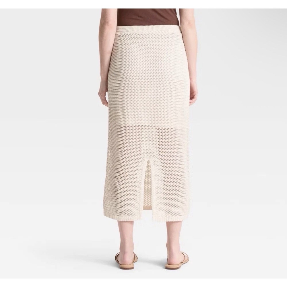 Women's Crochet-Style Pointelle Midi Sweater Skirt - A New Day Cream XS
